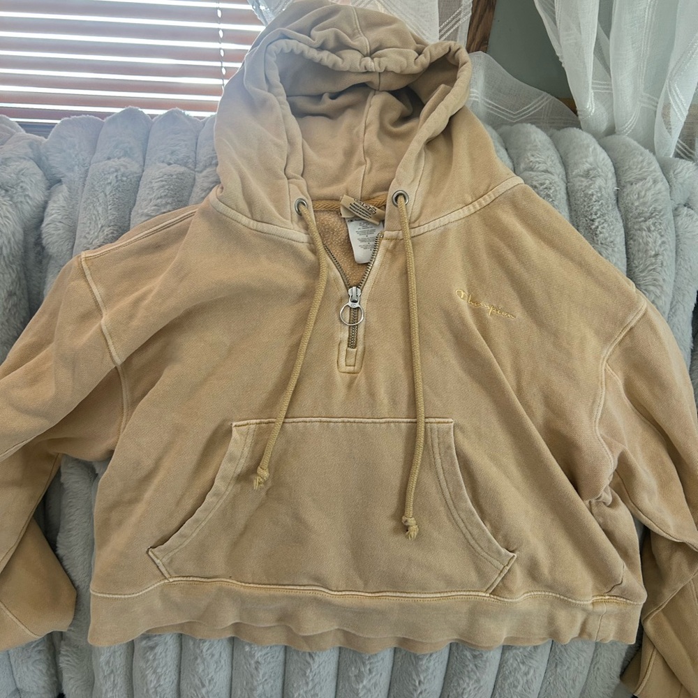 Beige Hooded Champion Cropped Sweatshirt